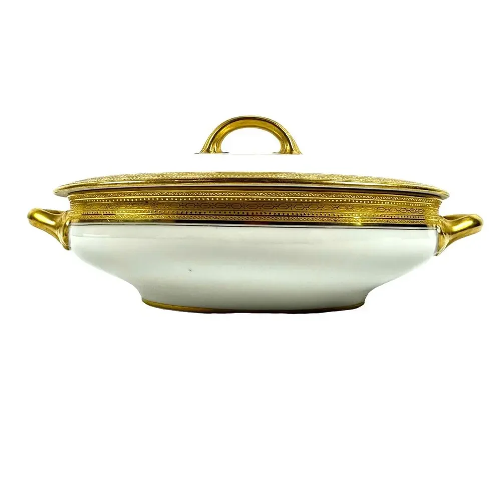 Wm Guerin & Co Limoges France White Antique Covered Serving Dish Gold Accents!